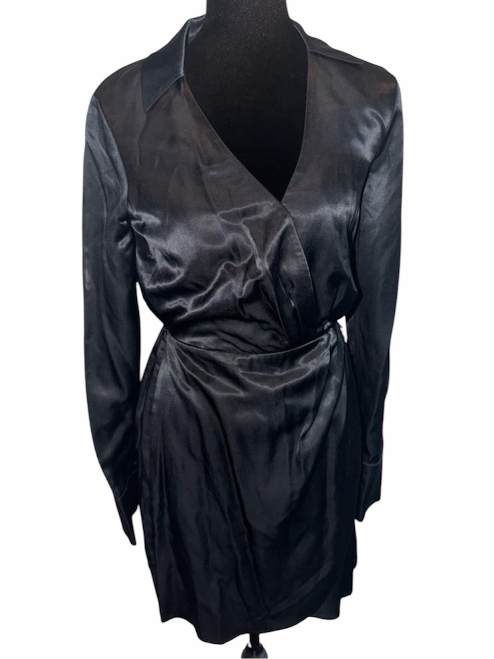 NWT Abercrombie & Fitch Black Satin Collared Wrap Mini Dress Size XS Tall